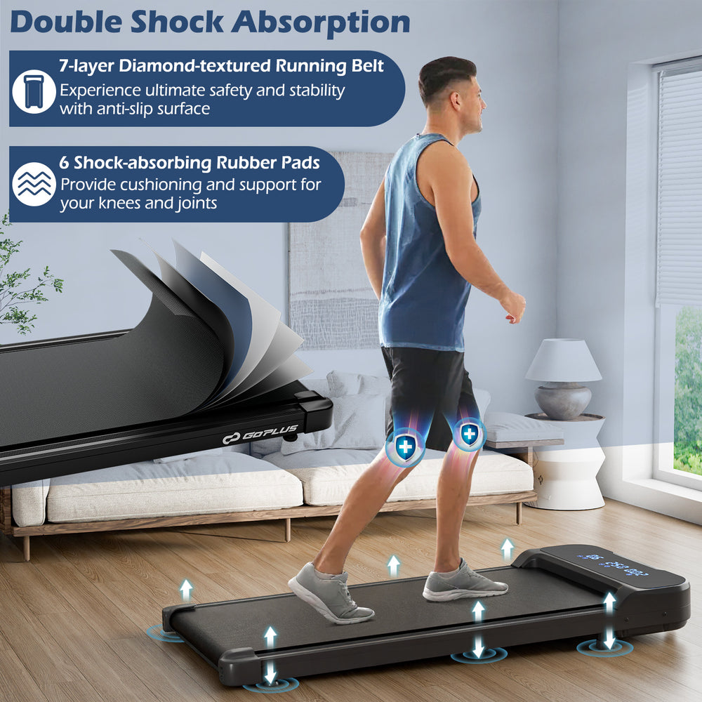 Under desk treadmill with a 7-layer diamond-textured running belt and shock-absorbing pads for joint support.