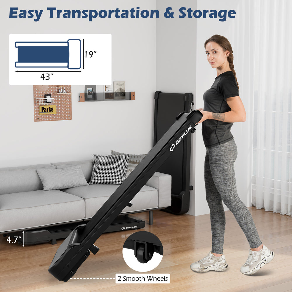 Under desk treadmill with remote control, 2 smooth wheels for easy transport, and 4.7" height for convenient storage.