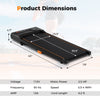 Under desk treadmill dimensions showing 2.5HP motor, 340 lbs capacity, and 7-layer anti-slip running belt for home.