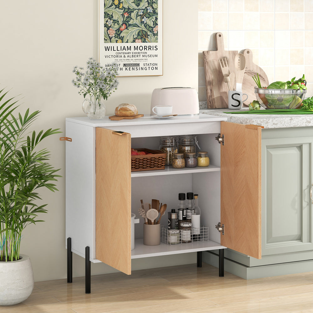 2-door buffet cabinet in white and natural wood, featuring enclosed shelves and metal legs for kitchen organization.