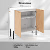 2-door buffet cabinet with white finish and natural wood accents, featuring enclosed shelves and metal legs for.