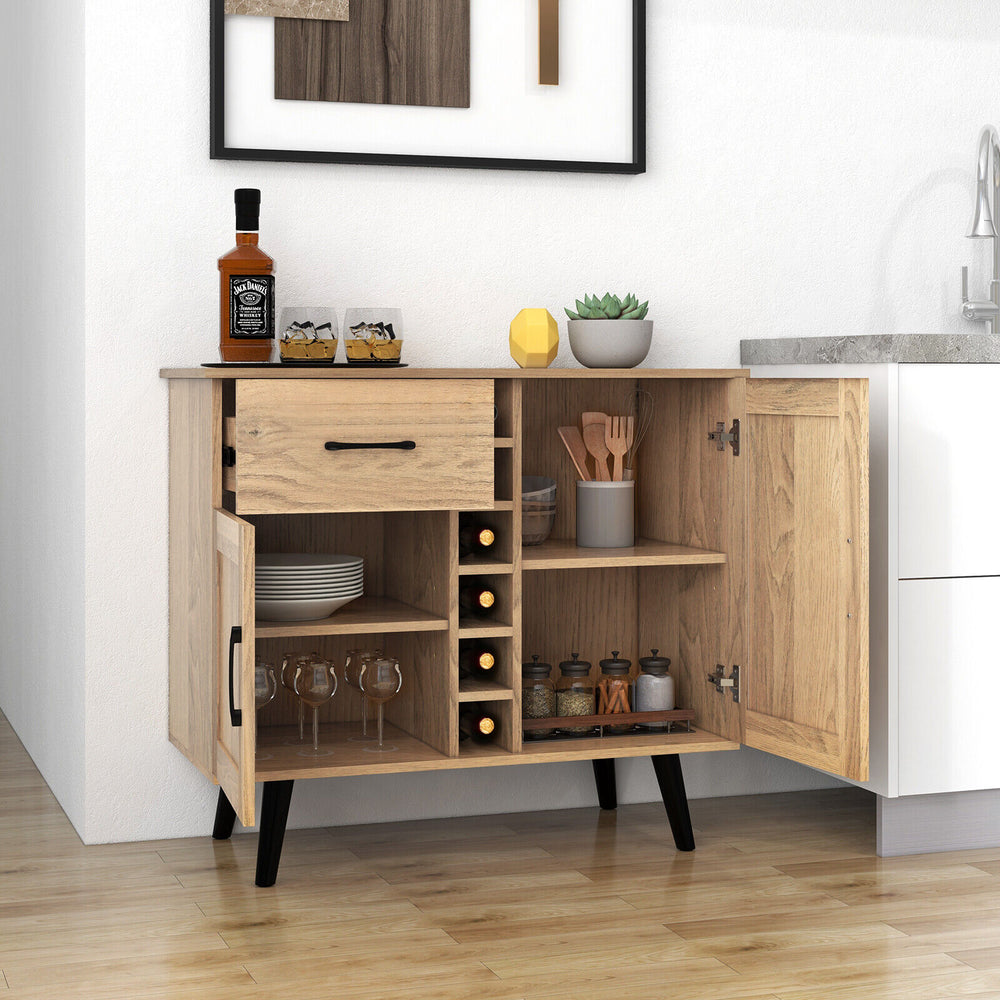 Buffet sideboard with open shelving and a 6-bottle wine rack, showcasing a mid-century modern aesthetic and ample.