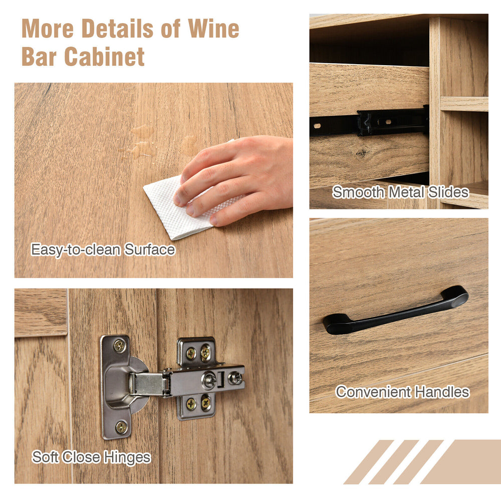 Detail of the 2-door buffet sideboard showing easy-to-clean surface, soft close hinges, and convenient handles.