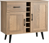 2-door buffet sideboard in oak finish with 6-bottle wine rack, pull-out drawer, and mid-century modern design.