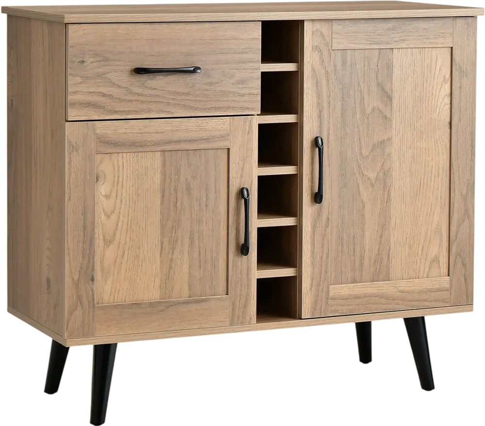 2-door buffet sideboard in oak finish with 6-bottle wine rack, pull-out drawer, and mid-century modern design.