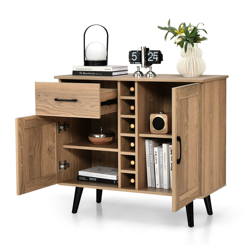 2-door buffet sideboard with a 6-bottle wine rack, pull-out drawer, and adjustable shelves in a mid-century modern.