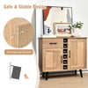 2-door buffet sideboard in oak finish with 6-bottle wine rack and pull-out drawer, ideal for stylish storage solutions.