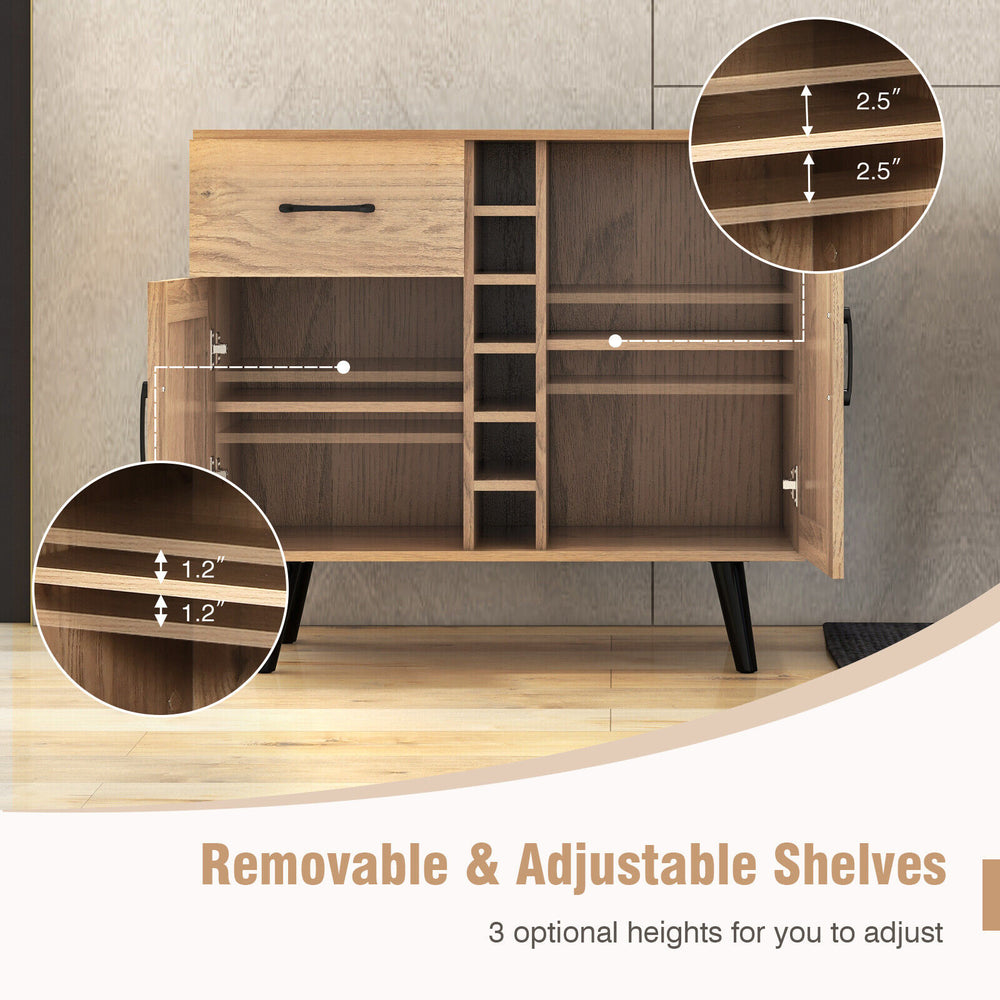 Removable and adjustable shelves in a 2-door buffet sideboard with a 6-bottle wine rack for customized storage.