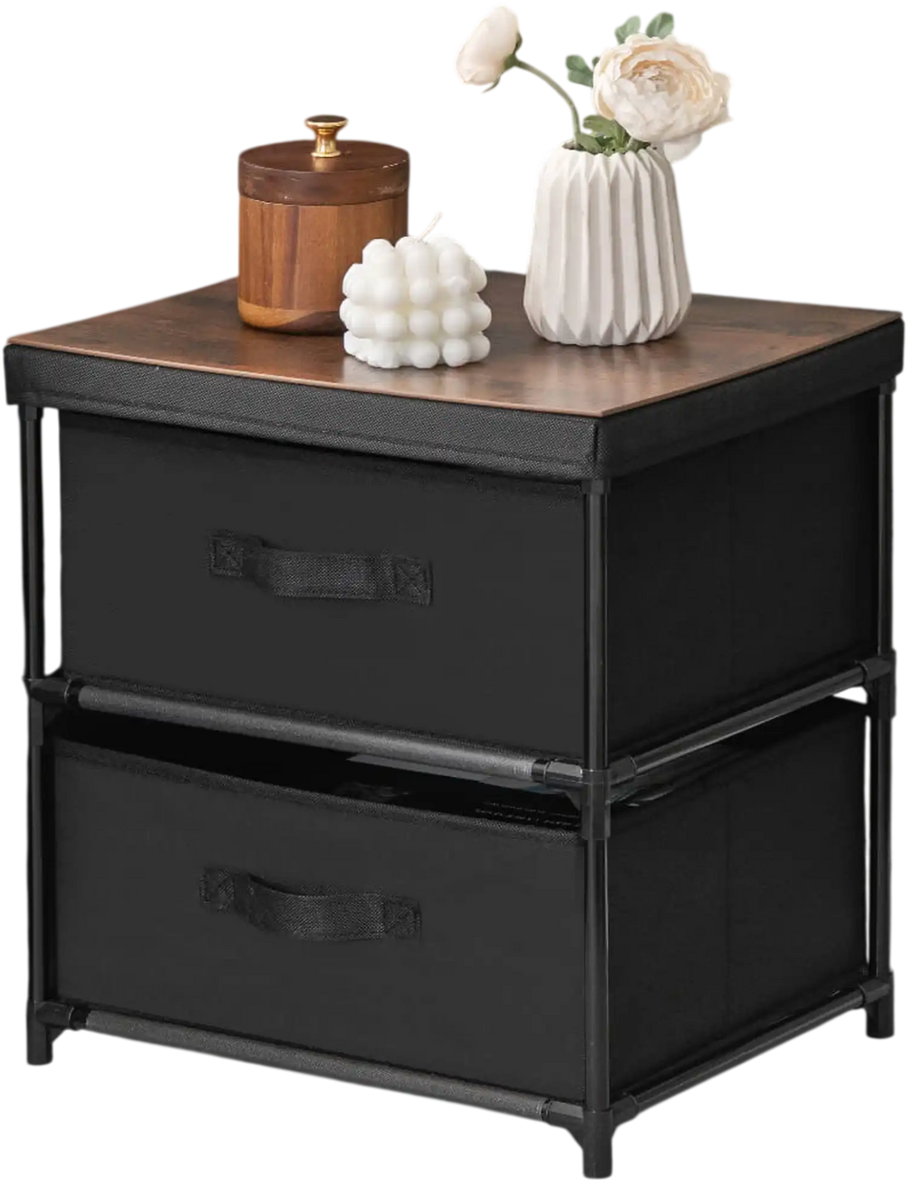 Stylish black 2-drawer nightstand with removable fabric bins and pull handles, perfect for modern bedroom decor.