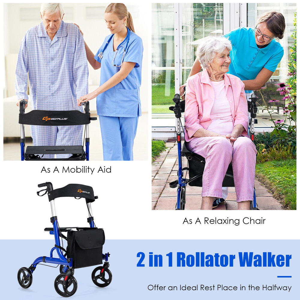 Folding aluminum rollator walker in blue with 8-inch wheels, adjustable height, and a seat for comfortable relaxation.