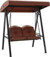 Two-person outdoor porch swing with brown cushions and adjustable canopy, perfect for backyard relaxation.
