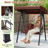 2-person outdoor porch swing with adjustable canopy and A-shaped metal stand, perfect for backyard relaxation.