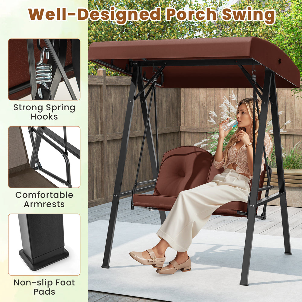 2-person outdoor porch swing with adjustable canopy and A-shaped metal stand, perfect for backyard relaxation.