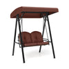 2-person outdoor porch swing with adjustable brown canopy and A-shaped metal stand, perfect for backyard relaxation.