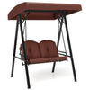 Two-person outdoor porch swing with adjustable brown canopy and A-shaped metal stand, perfect for backyard relaxation.