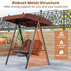 2-person outdoor porch swing with A-shaped metal stand and adjustable canopy, featuring soft cushions for comfort.