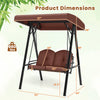 2-person outdoor porch swing with adjustable canopy, brown cushions, and A-shaped metal stand, ideal for backyard.