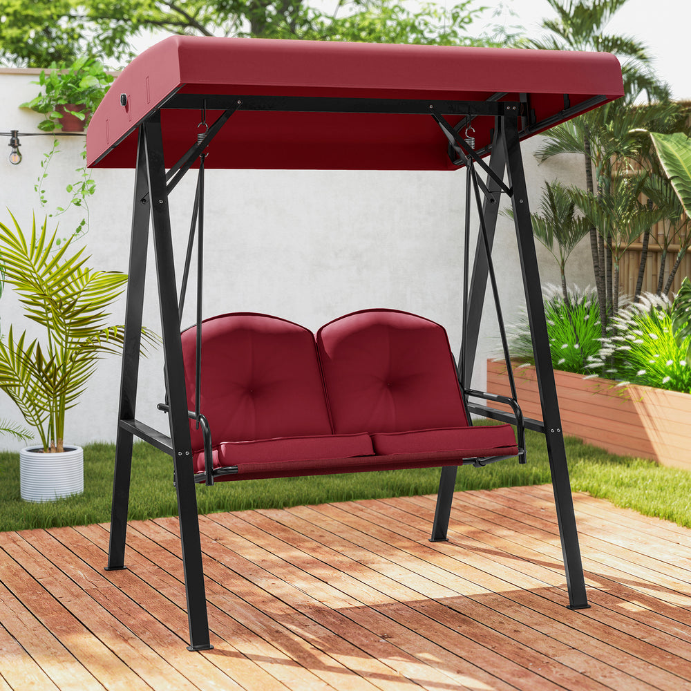 2-Person Outdoor Porch Swing with A-Shaped Metal Stand and Adjustable Canopy-Wine - Gallery View 1 of 11