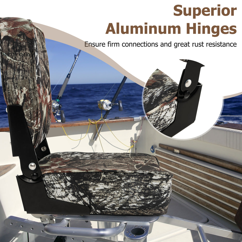 Folding boat seat with camouflage fabric, featuring superior aluminum hinges for rust resistance and ergonomic backrest.