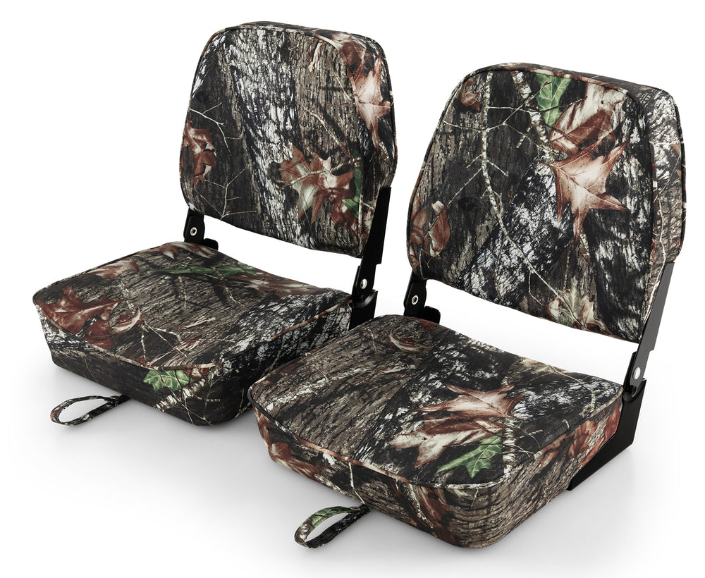 Folding boat seat set featuring camouflage fabric, waterproof PVC, and 5" thick sponge padding for comfort and.