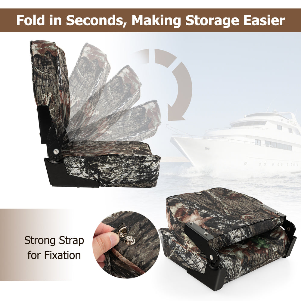 Folding boat seat set in camouflage with waterproof fabric, 5" sponge padding, and strong strap for easy storage.