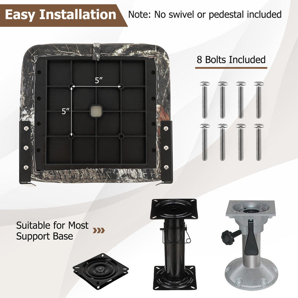Folding boat seat set with camouflage design, 5" thick sponge padding, and durable waterproof fabric for easy storage.