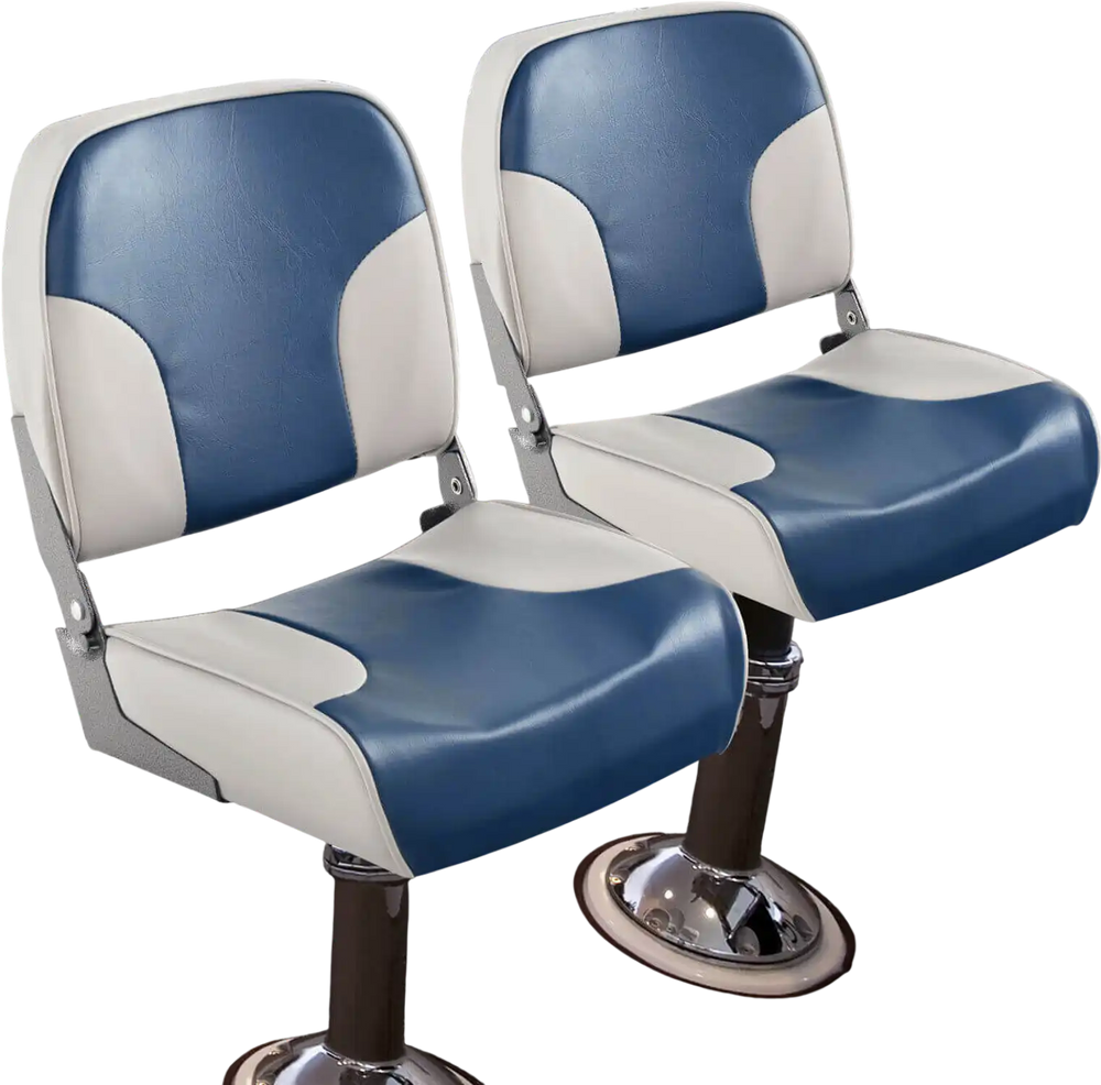Low back boat seat set in blue with sponge padding and aluminum hinges, ideal for comfortable marine seating.