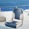 Low back boat seat in blue and white with sponge padding, waterproof PVC leather, and aluminum hinges for comfort.
