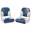 Low back boat seat set in blue with sponge padding and aluminum hinges, designed for comfort and easy storage.