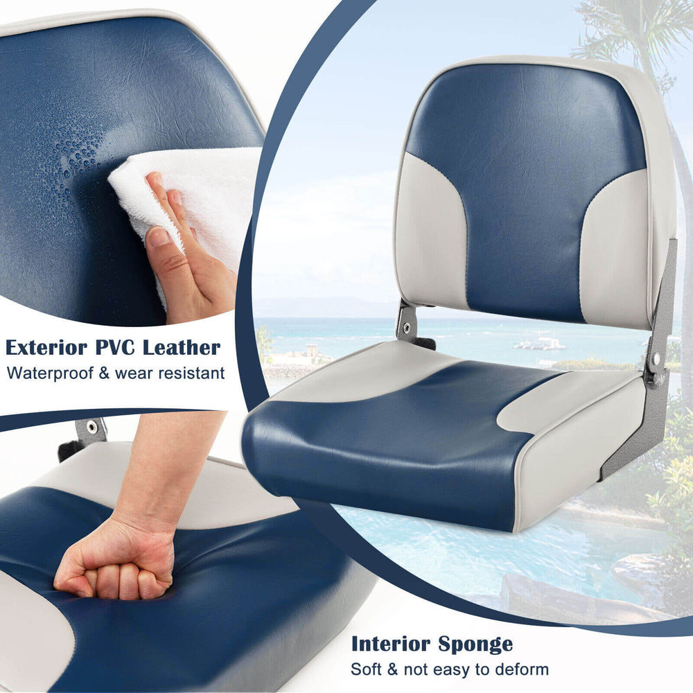 Low back boat seat set featuring waterproof PVC leather, soft sponge padding, and durable aluminum hinges for comfort.