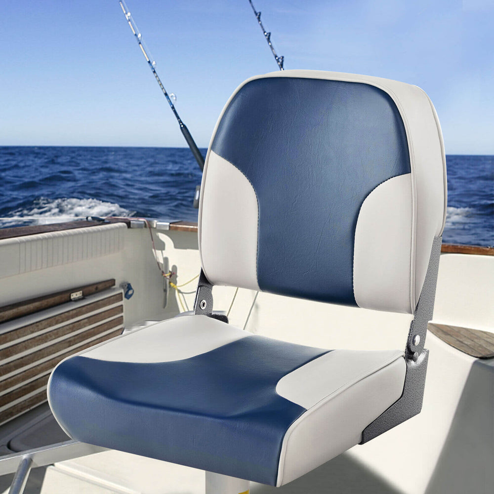 Low back boat seat in blue with sponge padding and aluminum hinges, designed for comfort and easy storage on boats.