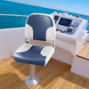 Low back boat seat in blue with ergonomic design, waterproof PVC leather, and aluminum hinges for easy storage.