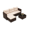 Outdoor wicker furniture set featuring beige cushions, a tempered glass coffee table, and a comfortable sectional.