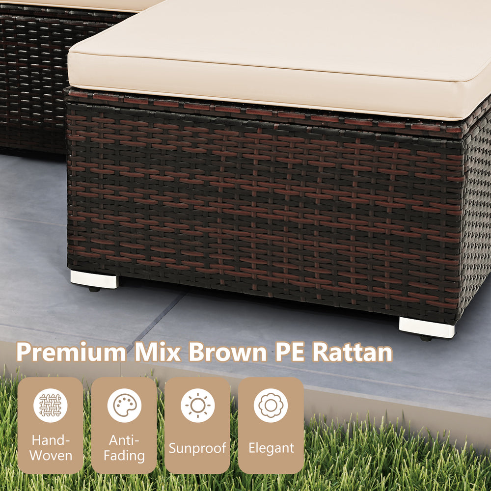 Close-up of the premium mix brown PE rattan texture on the outdoor wicker furniture set with soft beige cushions.