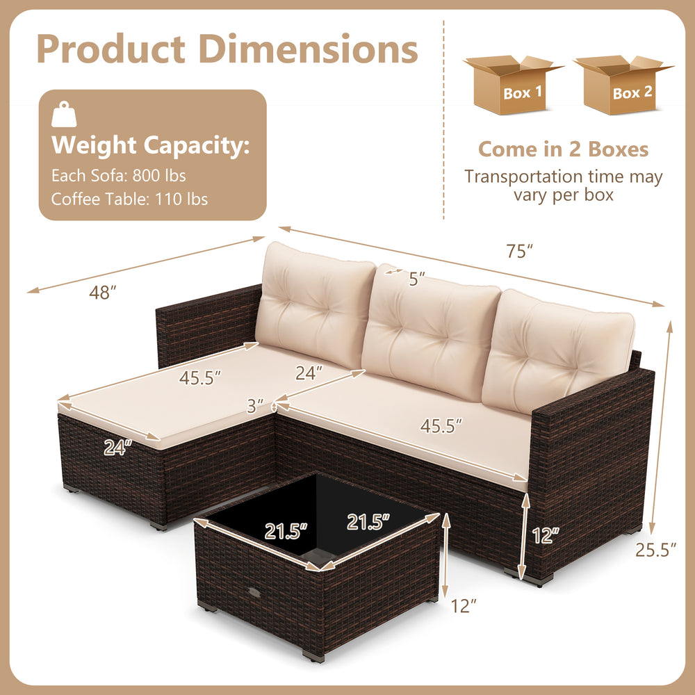 Dimensions of the 4-seat outdoor wicker furniture set with beige cushions and tempered glass coffee table.