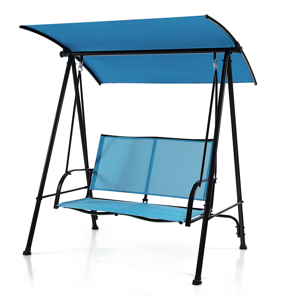 Two-seat outdoor canopy swing in navy with adjustable canopy and heavy-duty metal frame for backyard relaxation.