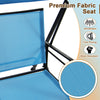 Close-up of the breathable blue fabric seat of a 2-seat outdoor canopy swing with heavy-duty metal frame.
