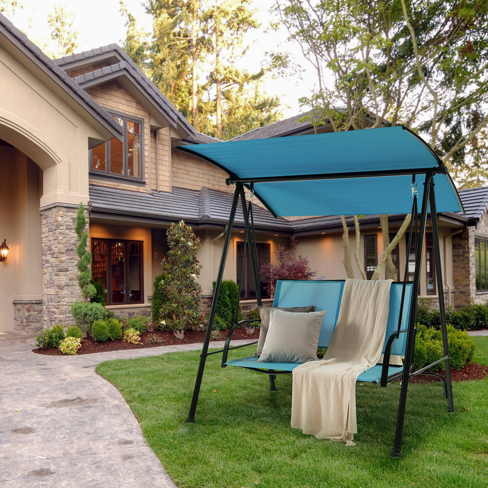 2-seat outdoor canopy swing with navy fabric seat and heavy-duty metal frame, perfect for backyard relaxation.