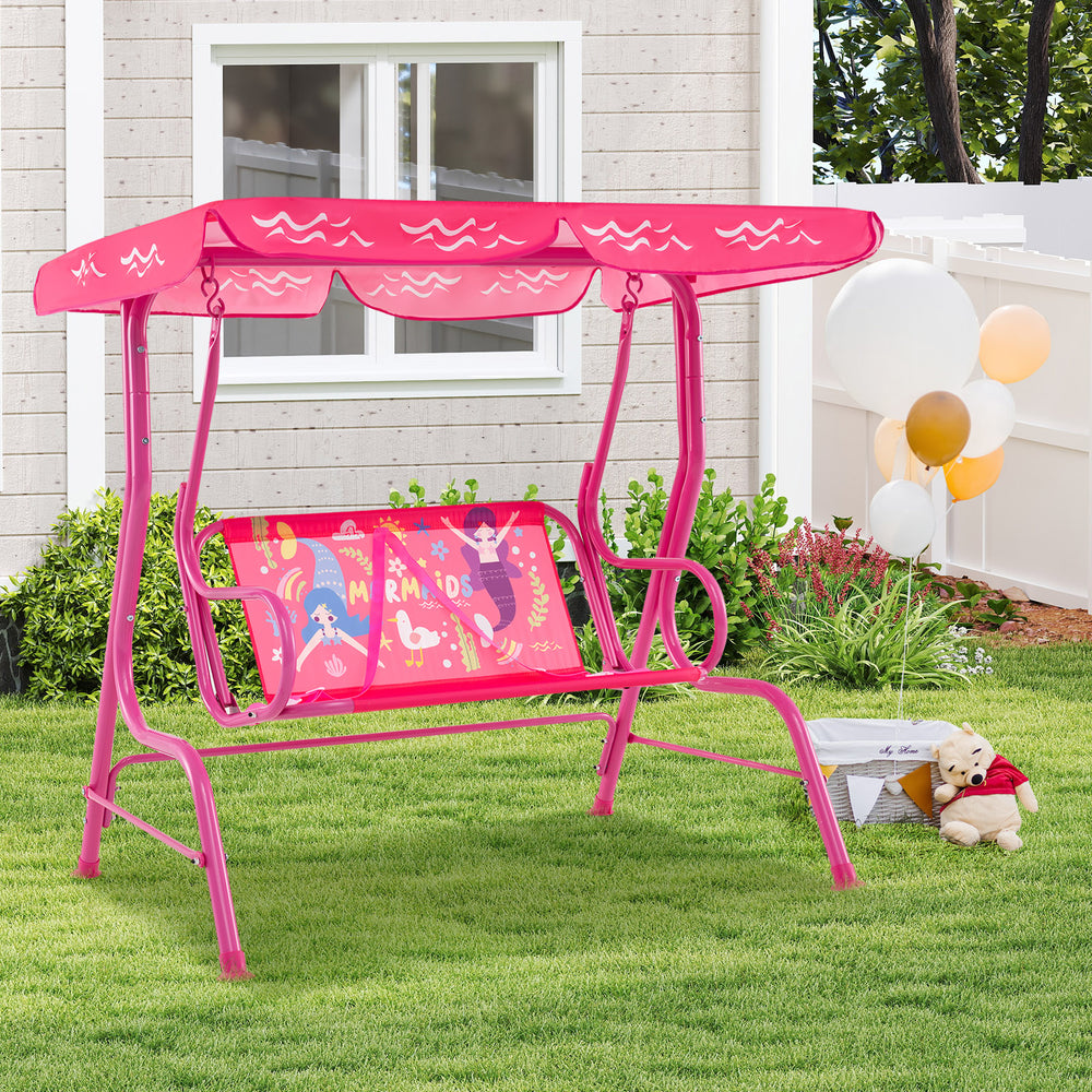 2-Seater Kids Patio Swing with Metal Stand and Adjustable Canopy-Pink - Gallery View 1 of 9
