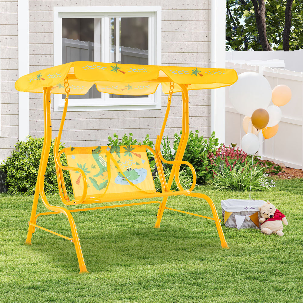 2-Seater Kids Patio Swing with Metal Stand and Adjustable Canopy-Yellow - Gallery View 1 of 9