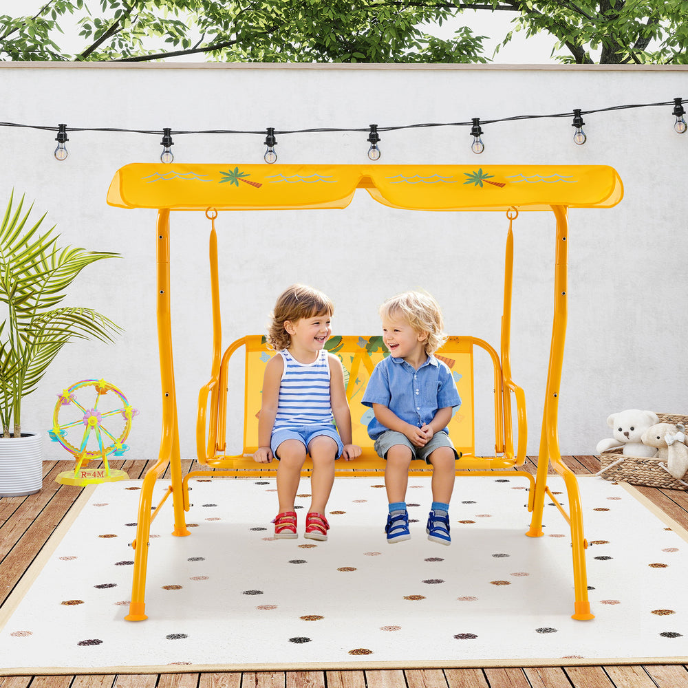 Kids enjoying the yellow 2-seater patio swing with adjustable canopy, perfect for outdoor fun and safety.