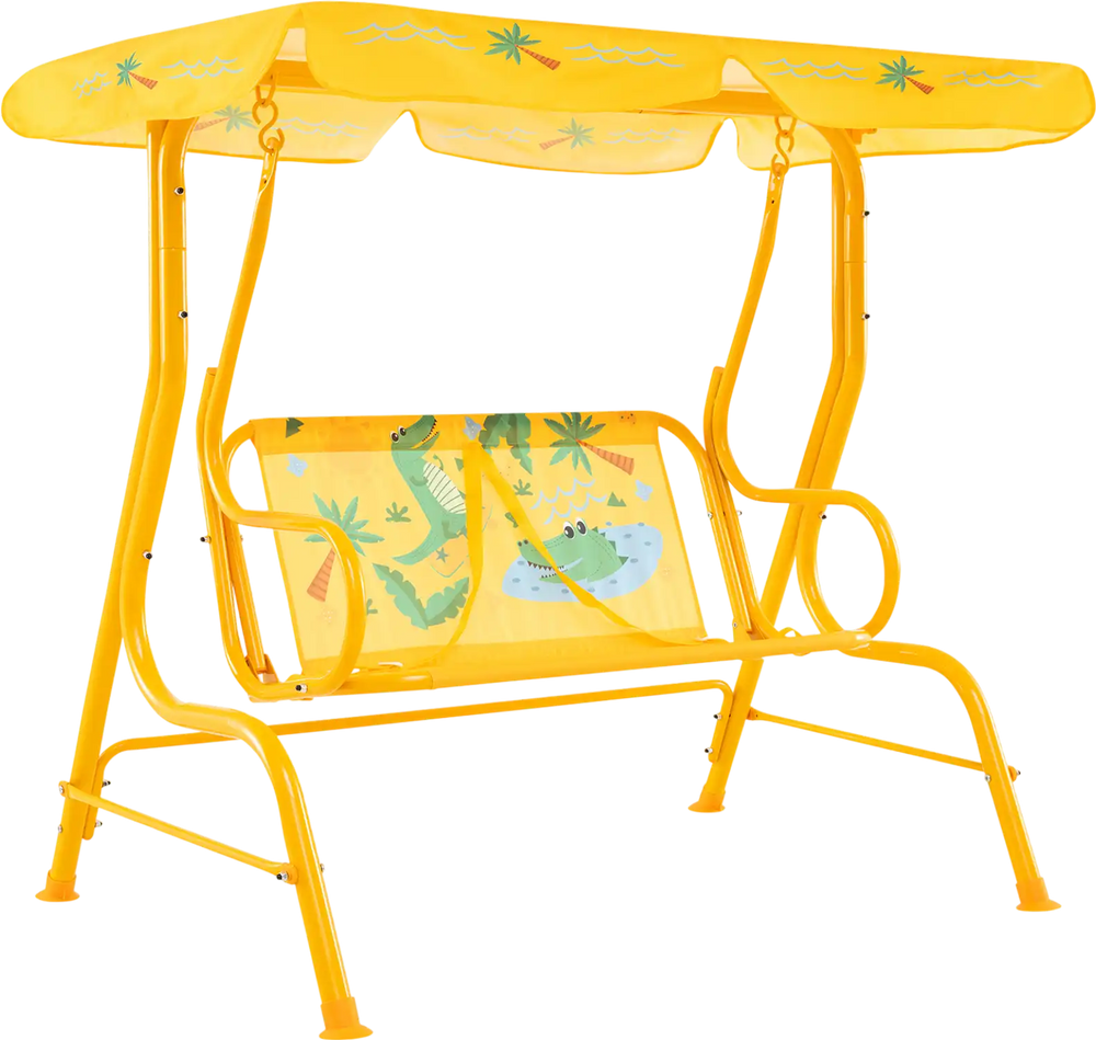 Yellow 2-seater kids patio swing with adjustable canopy, designed for safety and fun, featuring cartoon patterns.