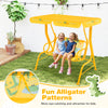 Bright yellow 2-seater kids patio swing with adjustable canopy and fun alligator patterns, perfect for outdoor play.