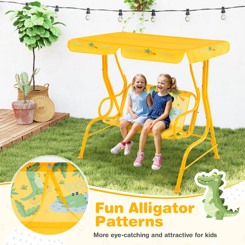 Bright yellow 2-seater kids patio swing with adjustable canopy and fun alligator patterns, perfect for outdoor play.