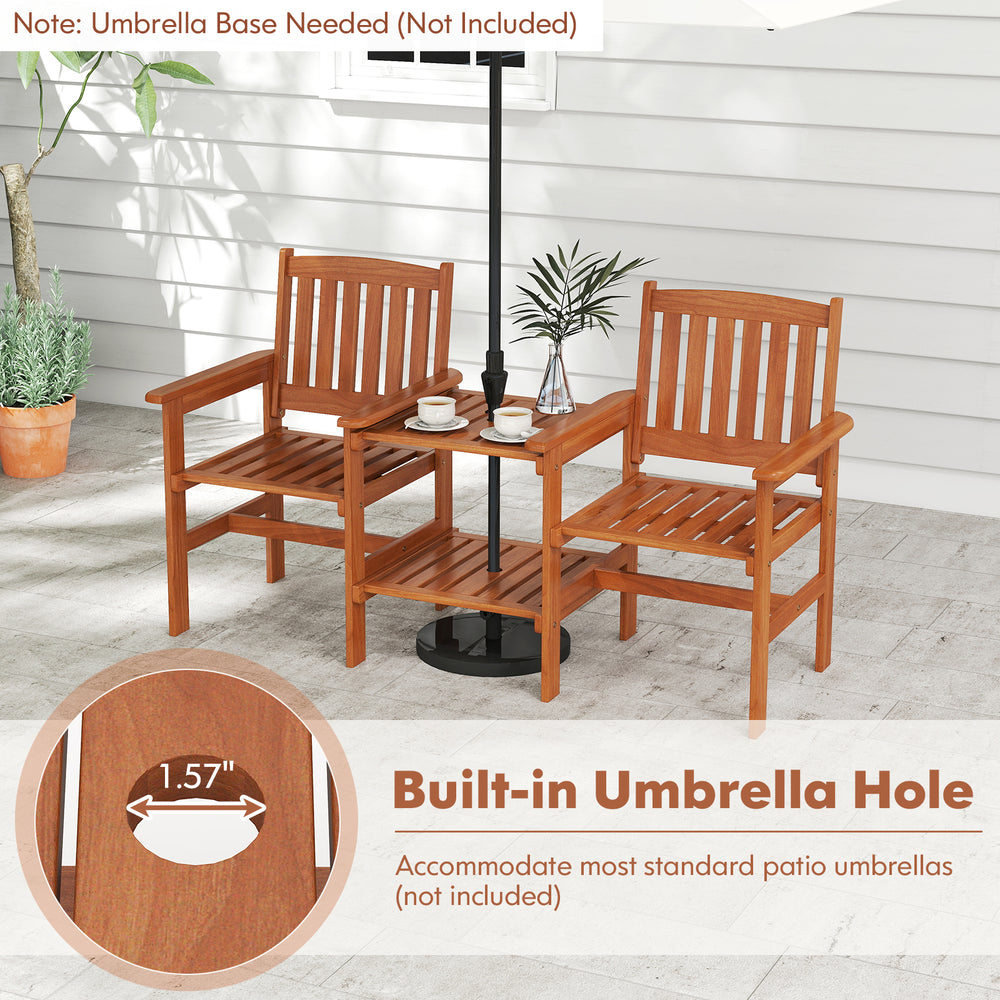 2-seater outdoor patio furniture set with natural wood grain, featuring a 1.57-inch umbrella hole for added convenience.