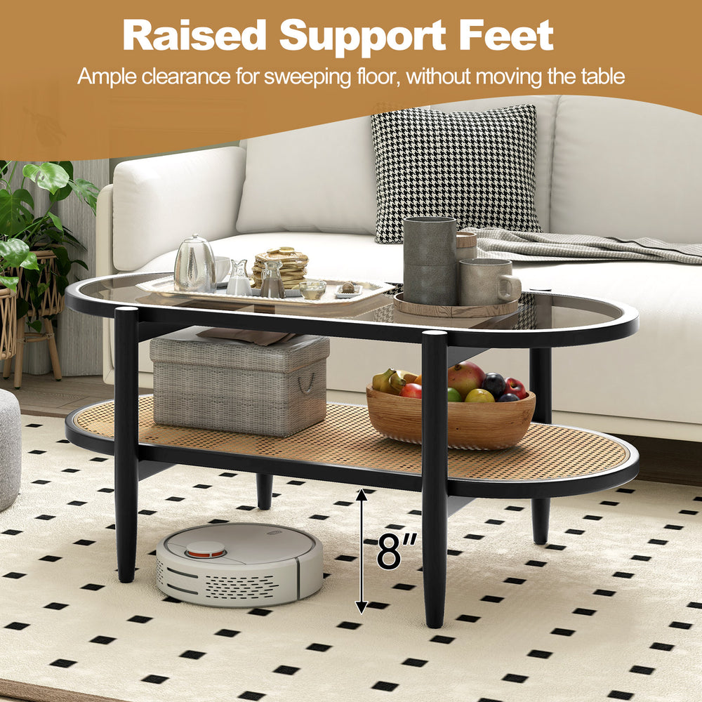 2-tier coffee table with tempered glass top and acacia wood frame, featuring raised support feet for easy floor.
