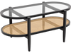 2-tier coffee table with tempered glass top and acacia wood frame, featuring a rattan shelf for versatile storage.