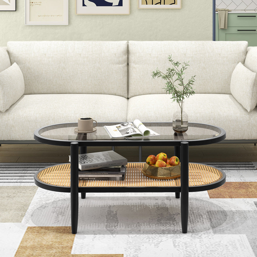 2-tier coffee table with tempered glass top and acacia wood frame, designed for modern living room aesthetics and.