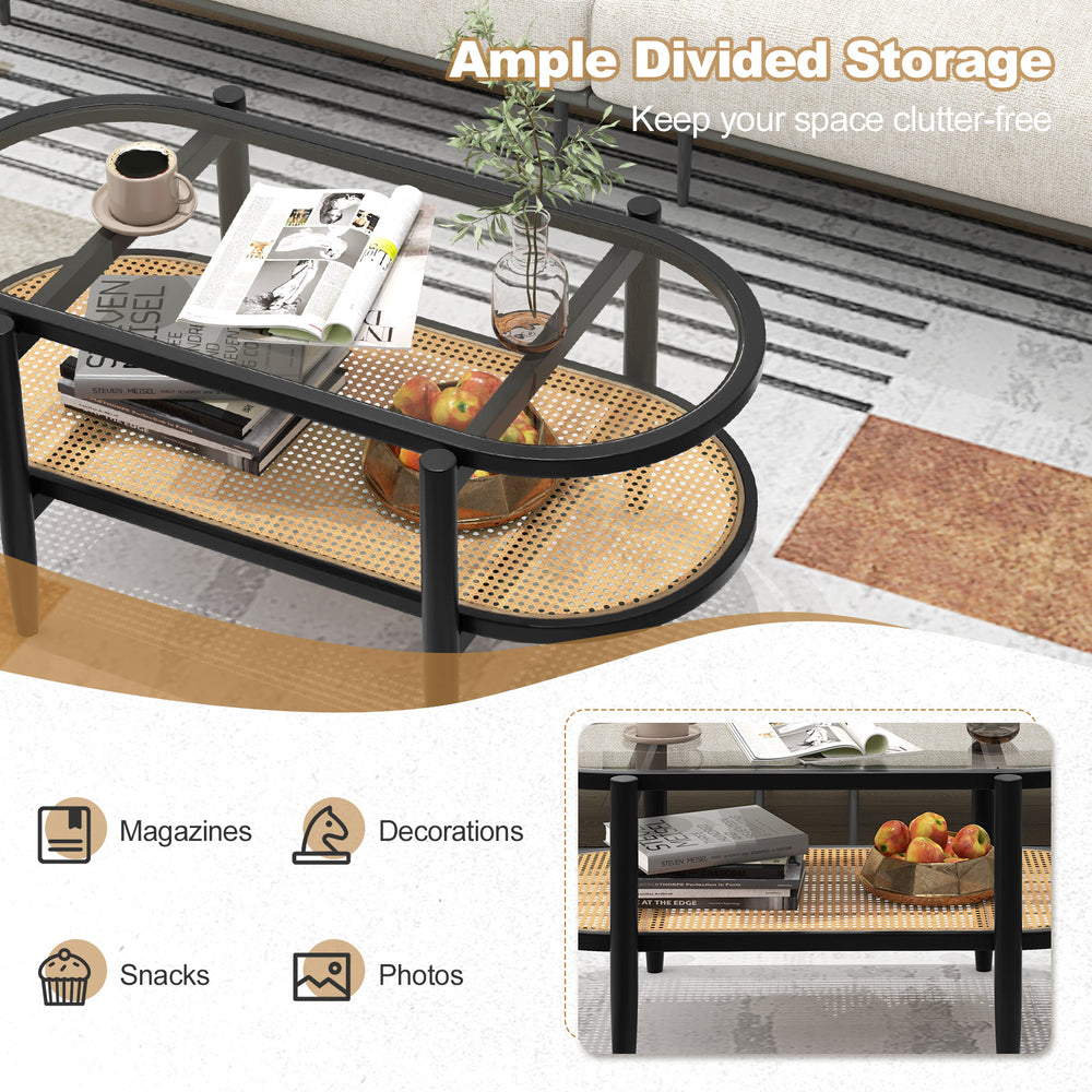 2-tier coffee table with tempered glass top and acacia wood frame, featuring ample storage for magazines and.