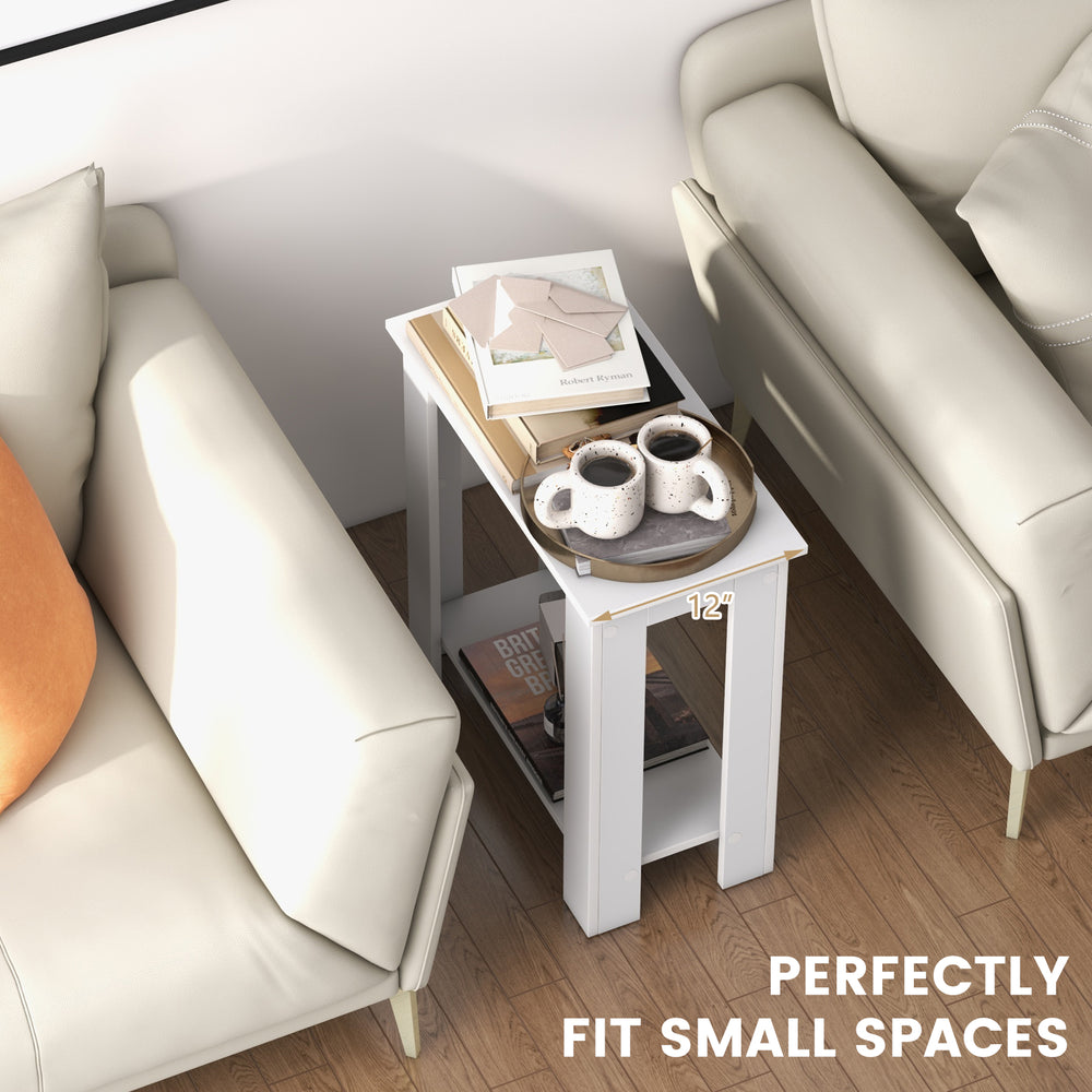 Compact 2-tier white end table with storage shelf, ideal for small spaces, perfect as a nightstand or sofa table.